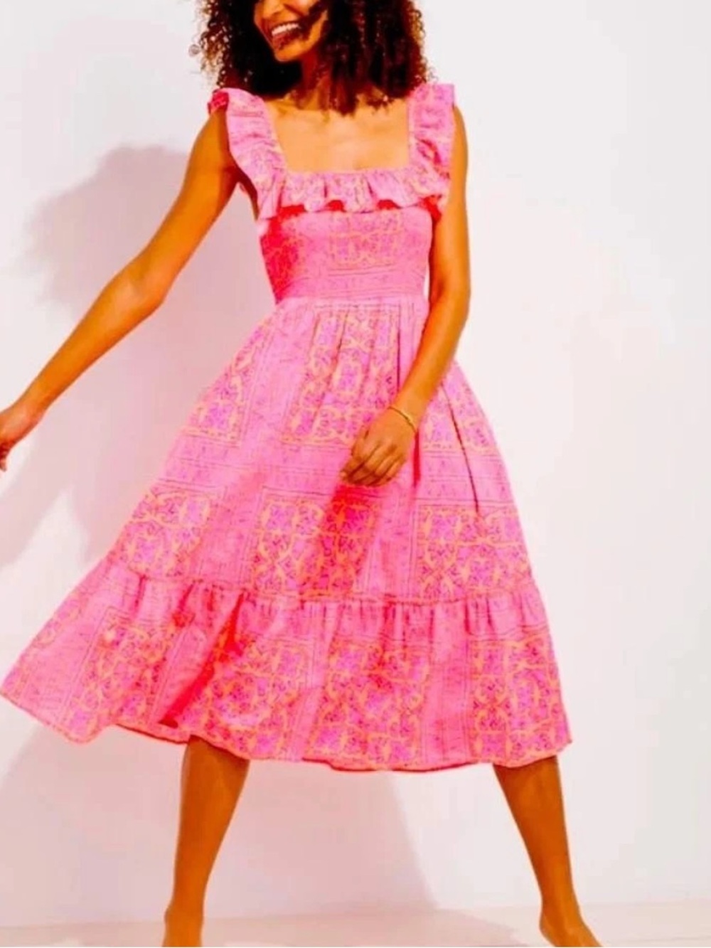Vineyard Vines | Pink Ruffle Smocked Tiered Midi Women’s Dress Size XL